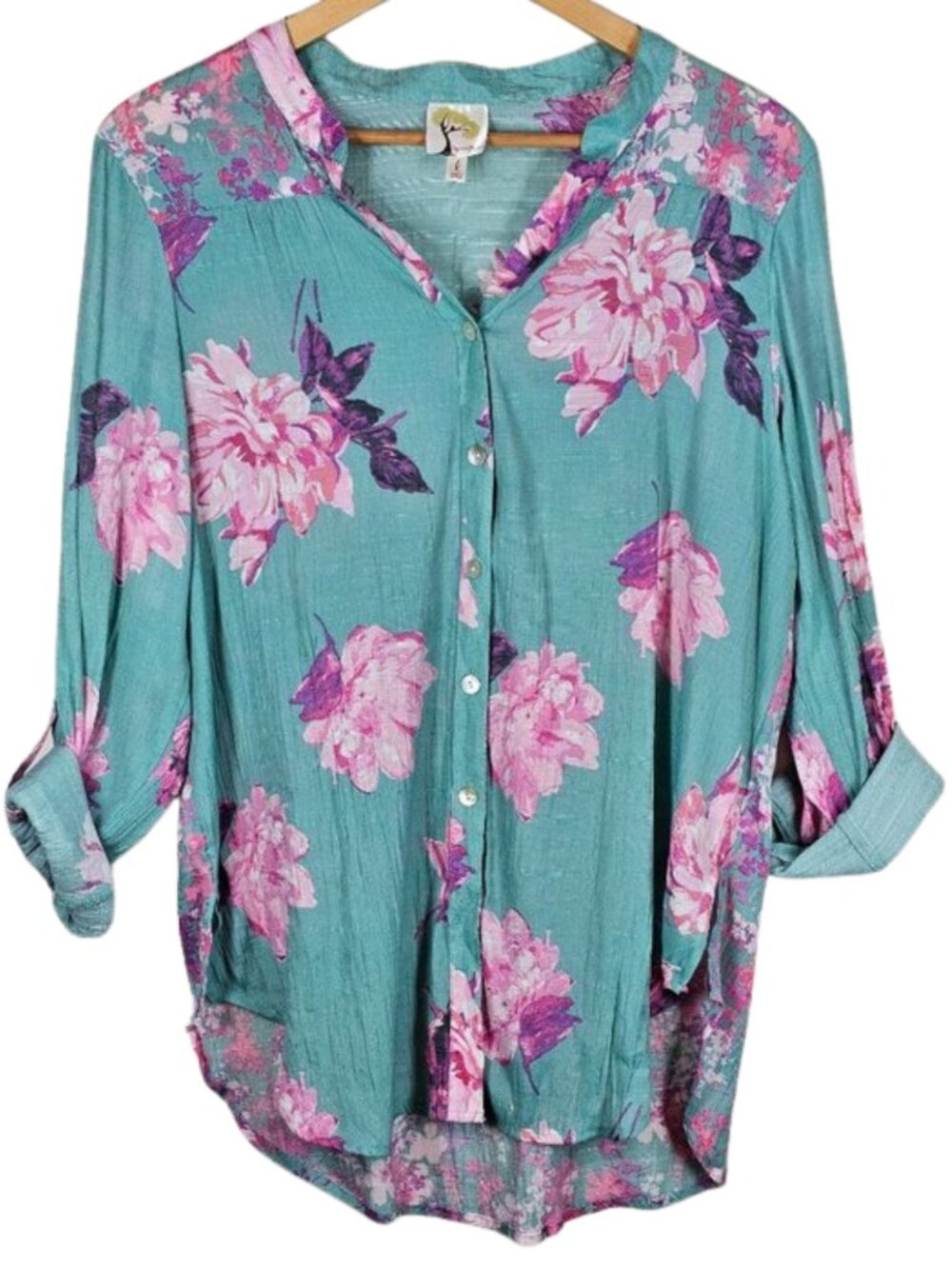 Fig and Flower Teal Floral Print Button-Down Blouse L Roll-Tab Sleeve Boho Tunic